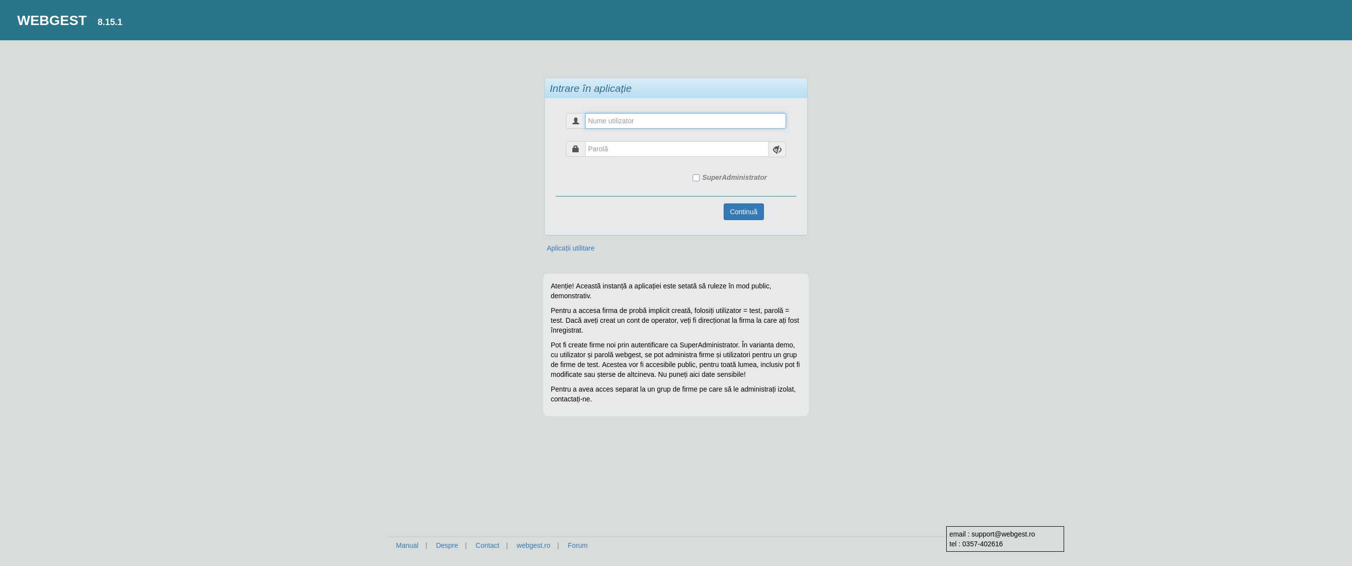 Ecran de autentificare aplicatia Webgest 8.15.1