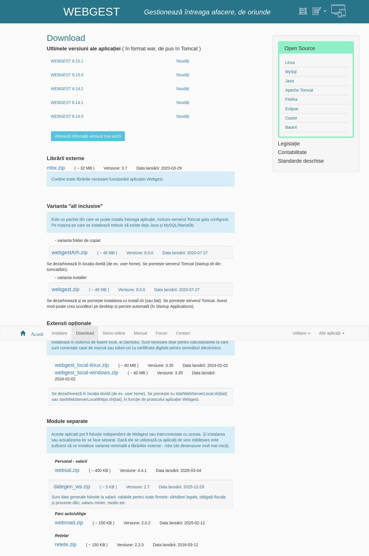 Pagina de download Webgest cu versiunile 8.15.x
